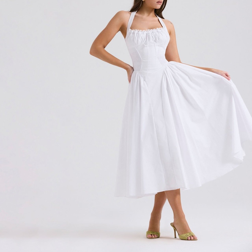 House of CB Cotton Blend Adabella Halter Neck Sundress White Women's Size L+